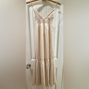 Light Cream Maxi Skirt with Smocked Waist and Ruffle Hem